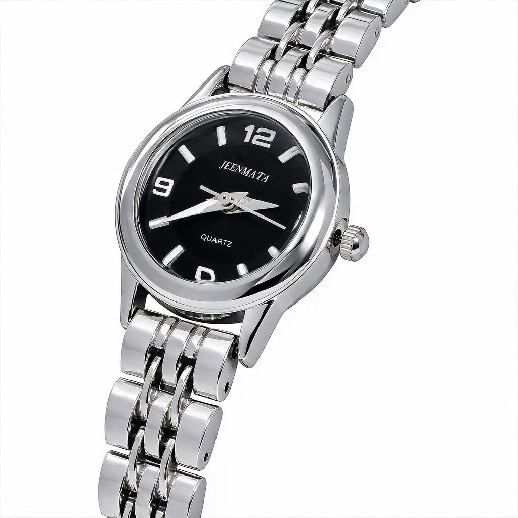 JeenMata Women's Silver & Black Watch - Black Dial with Crystal Markers, Silver Stainless Steel Link Bracelet, Water Resistant Quartz Watch