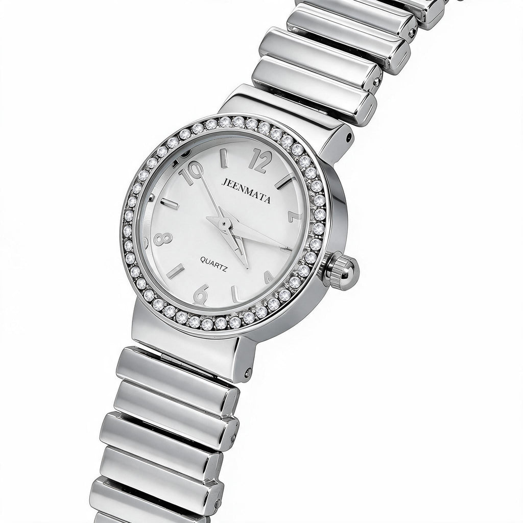 JeenMata Women's Classic Silver Stretch Watch - Crystal Bezel Silver Stainless Steel Expansion Band, White Dial, Water Resistant