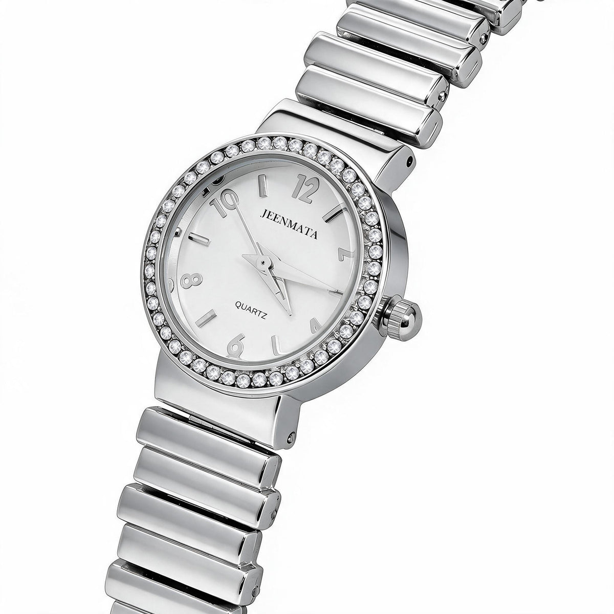 JeenMata Women's Classic Silver Stretch Watch - Crystal Bezel Silver Stainless Steel Expansion Band, White Dial, Water Resistant