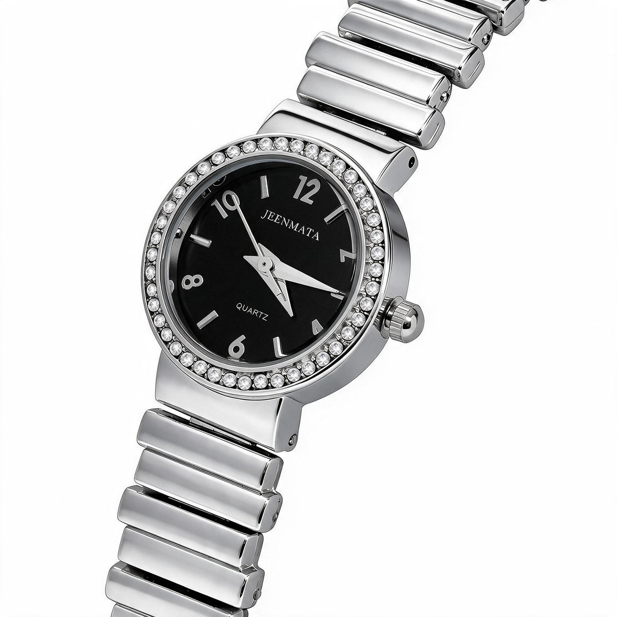 JeenMata Women's Rhinestone Expansion Watch - Silver Stainless Steel Stretch Band, Black Dial with Full Numerals, Water Resistant Quartz Watch