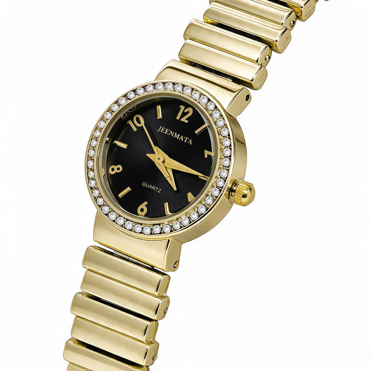 JeenMata Women's Gold & Black Expansion Watch - Black Dial with Rhinestone Bezel, Gold Stainless Steel Stretch Band, Water Resistant