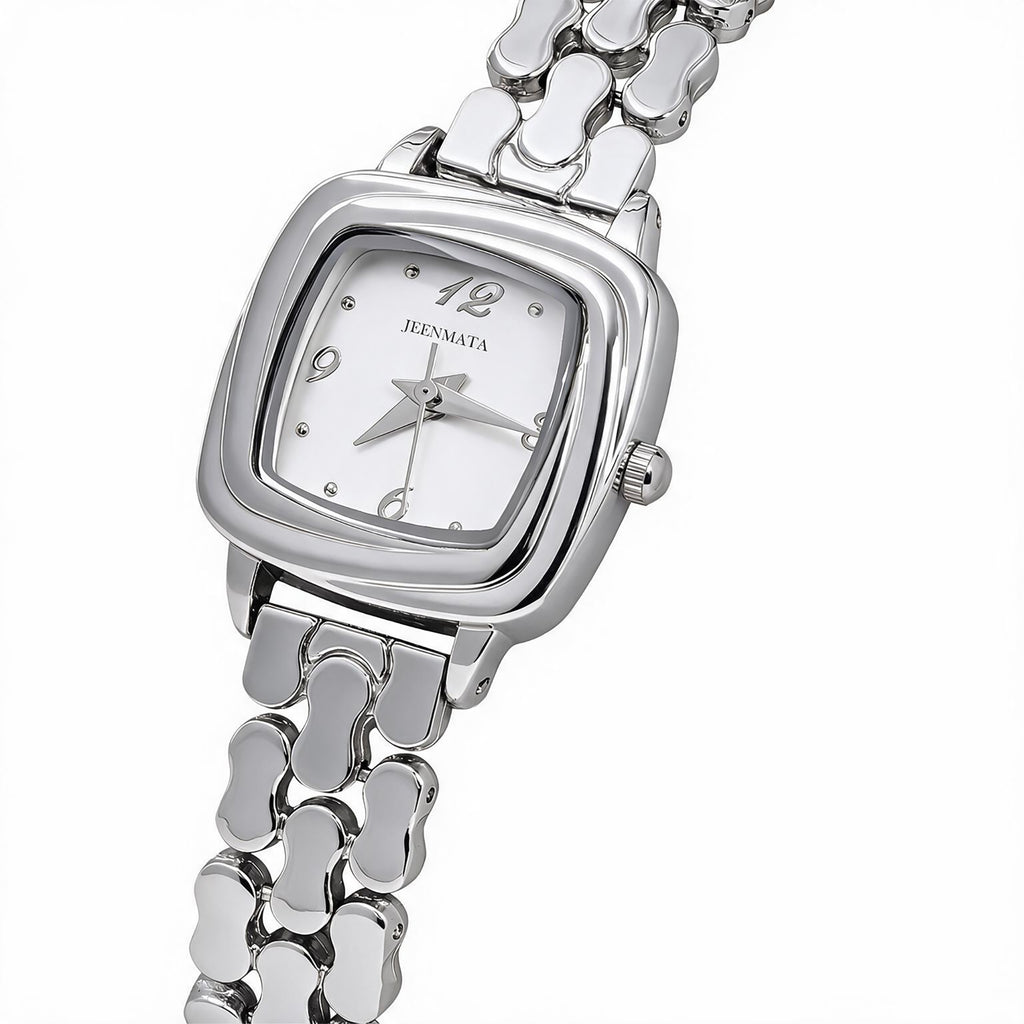 JeenMata Women's Monochrome Silver Watch - White Cushion Dial, Silver Stainless Steel Open-Link Bracelet, Water Resistant Dress Watch