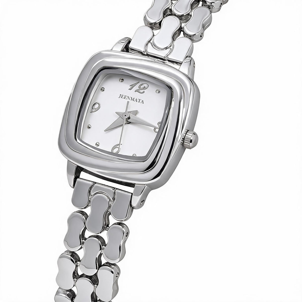 JeenMata Women's Monochrome Silver Watch - White Cushion Dial, Silver Stainless Steel Open-Link Bracelet, Water Resistant Dress Watch