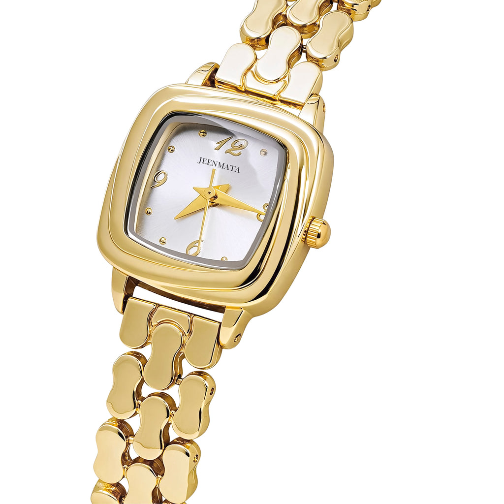 JeenMata Women's Classic Gold Watch - Crisp White Cushion Dial, Gold Stainless Steel Bracelet, Water Resistant Wrist Watch
