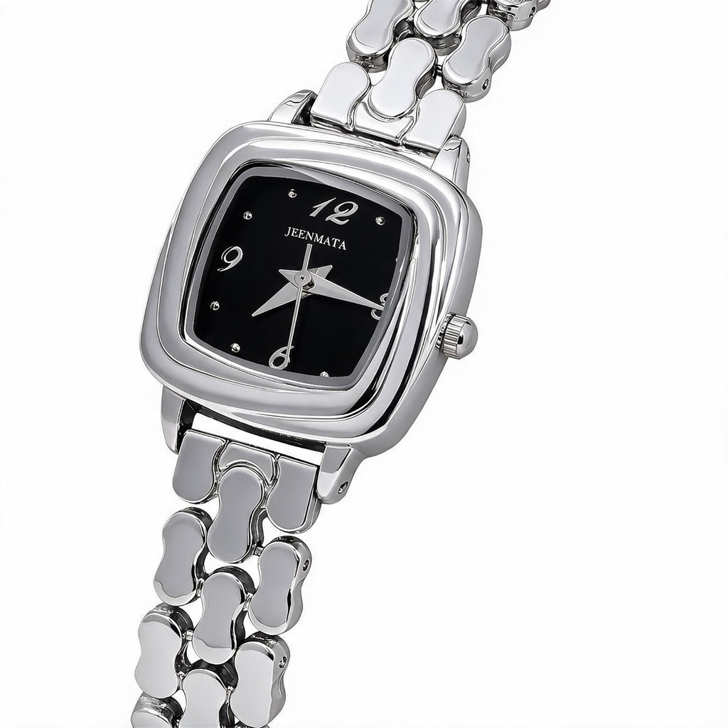 JeenMata Women's Silver & Black Dress Watch - Black Cushion Dial, Silver Stainless Steel Bracelet, Water Resistant Quartz Watch