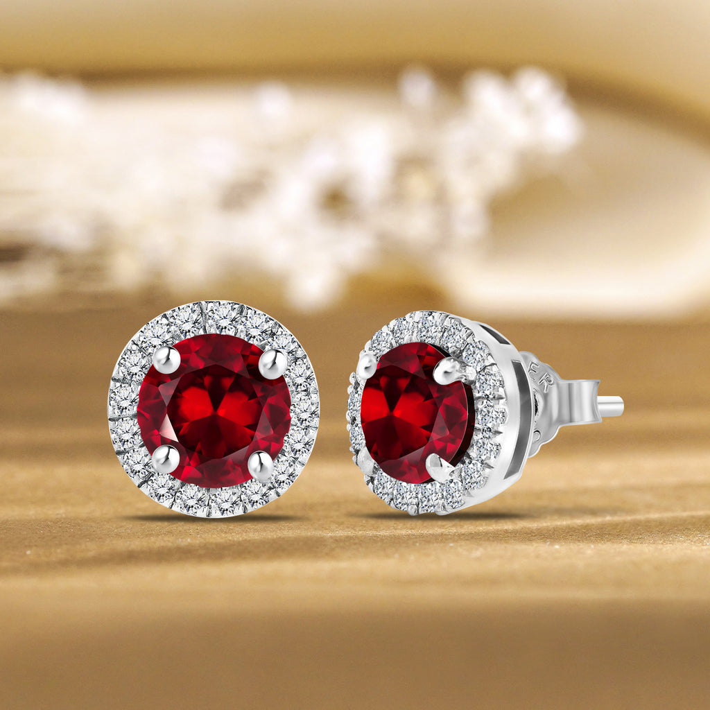 JeenMata 3 Carat - January Garnet Birthstone Halo Stud Earrings - Round Cut in 18K White Gold Plating for Women