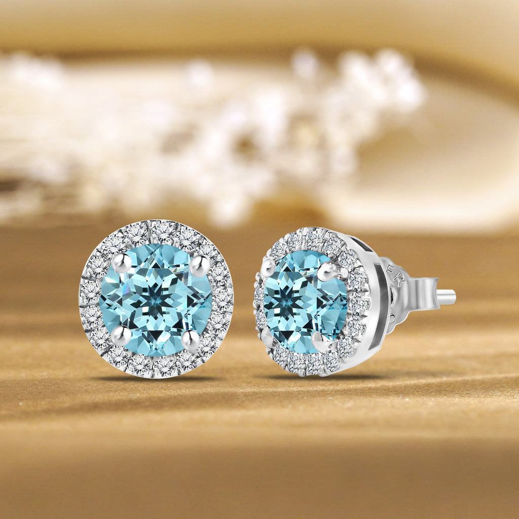 JeenMata 3 Carat - December Blue Topaz Birthstone Halo Stud Earrings - Round Cut in 18K White Gold Plating for Women