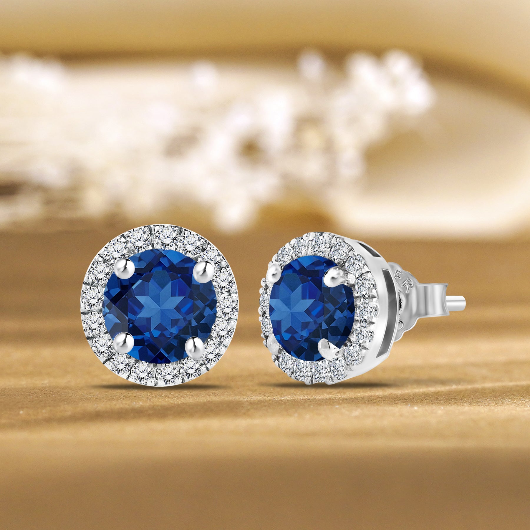 JeenMata 3 Carat - September Blue Sapphire Birthstone Halo Stud Earrings - Round Cut in 18K White Gold Plating for Women