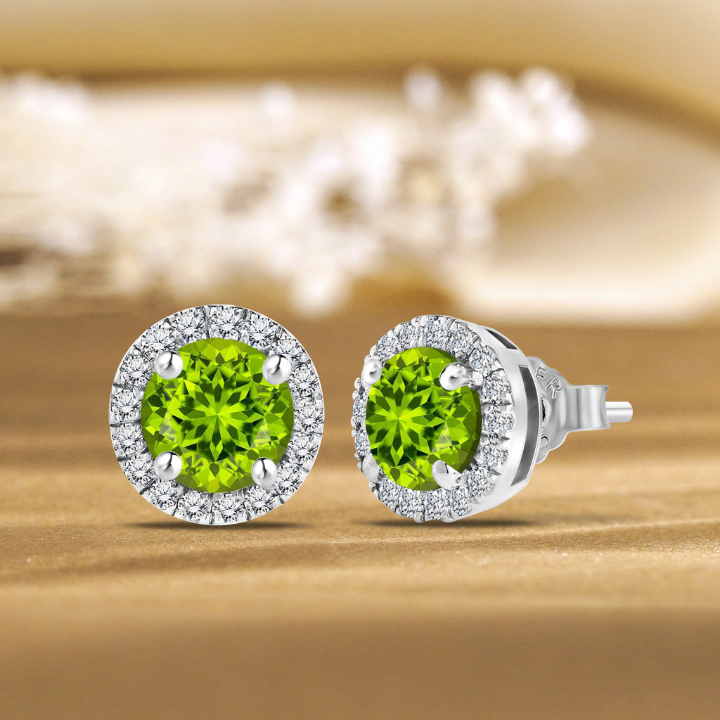 JeenMata 3 Carat - August Peridot Birthstone Halo Stud Earrings - Round Cut in 18K White Gold Plating for Women