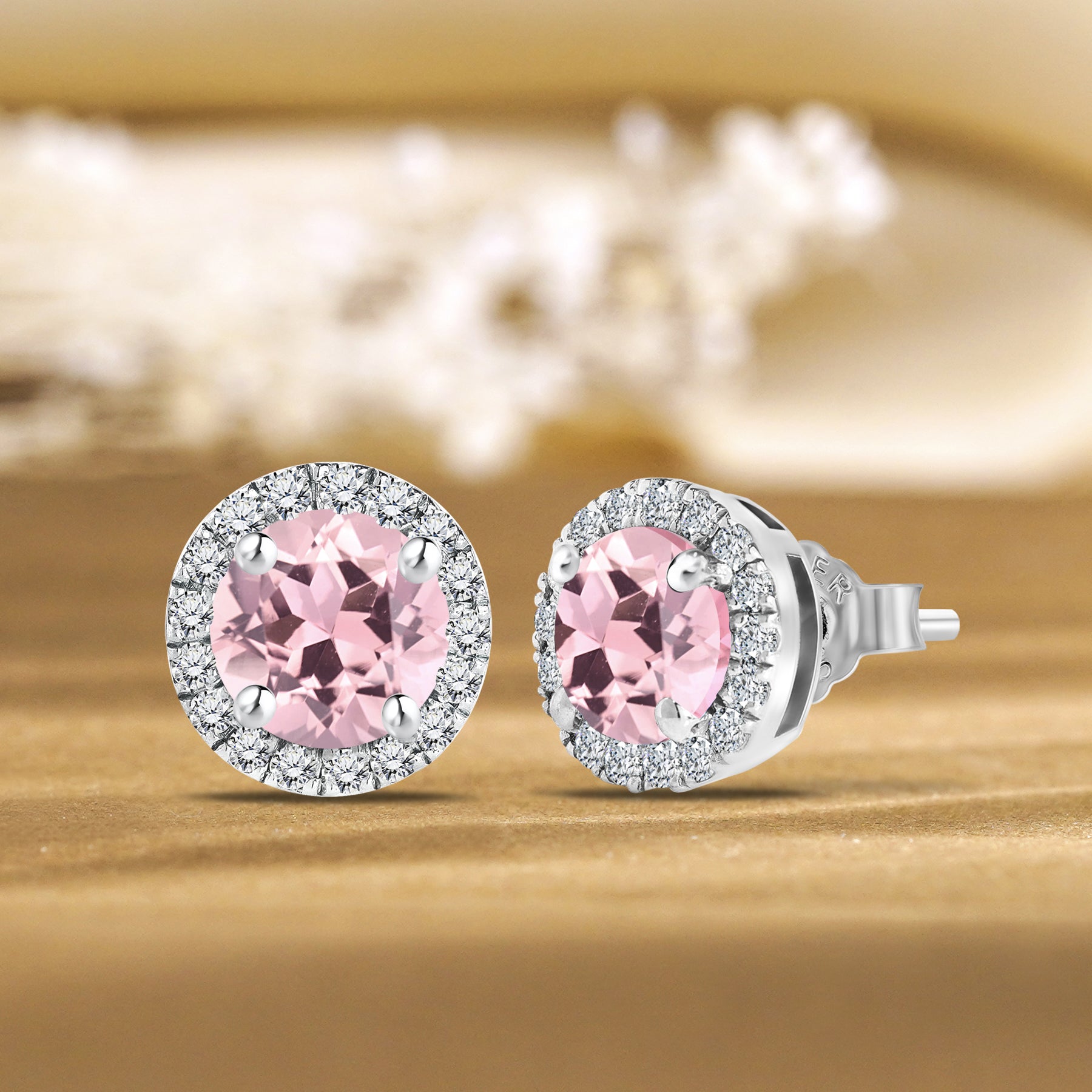 JeenMata 3 Carat - October Pink Tourmaline Birthstone Halo Stud Earrings - Round Cut in 18K White Gold Plating for Women