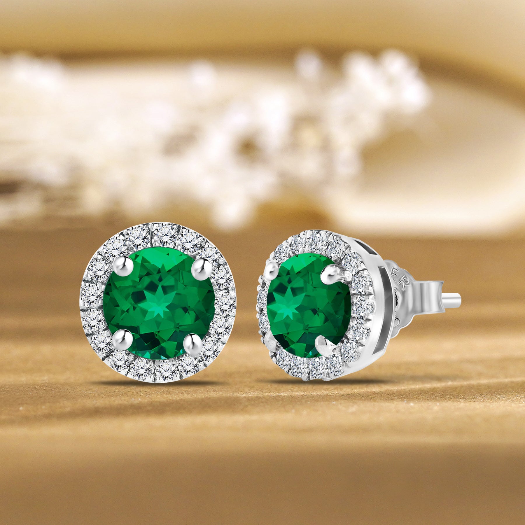 JeenMata 3 Carat - May Emerald Birthstone Halo Stud Earrings - Round Cut in 18K White Gold Plating for Women