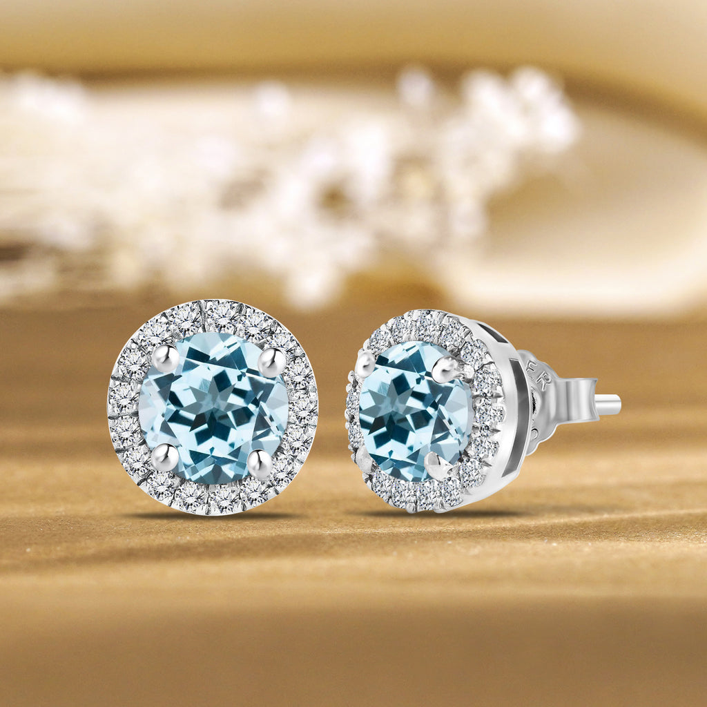 JeenMata 3 Carat - March Aquamarine Birthstone Halo Stud Earrings - Round Cut in 18K White Gold Plating for Women