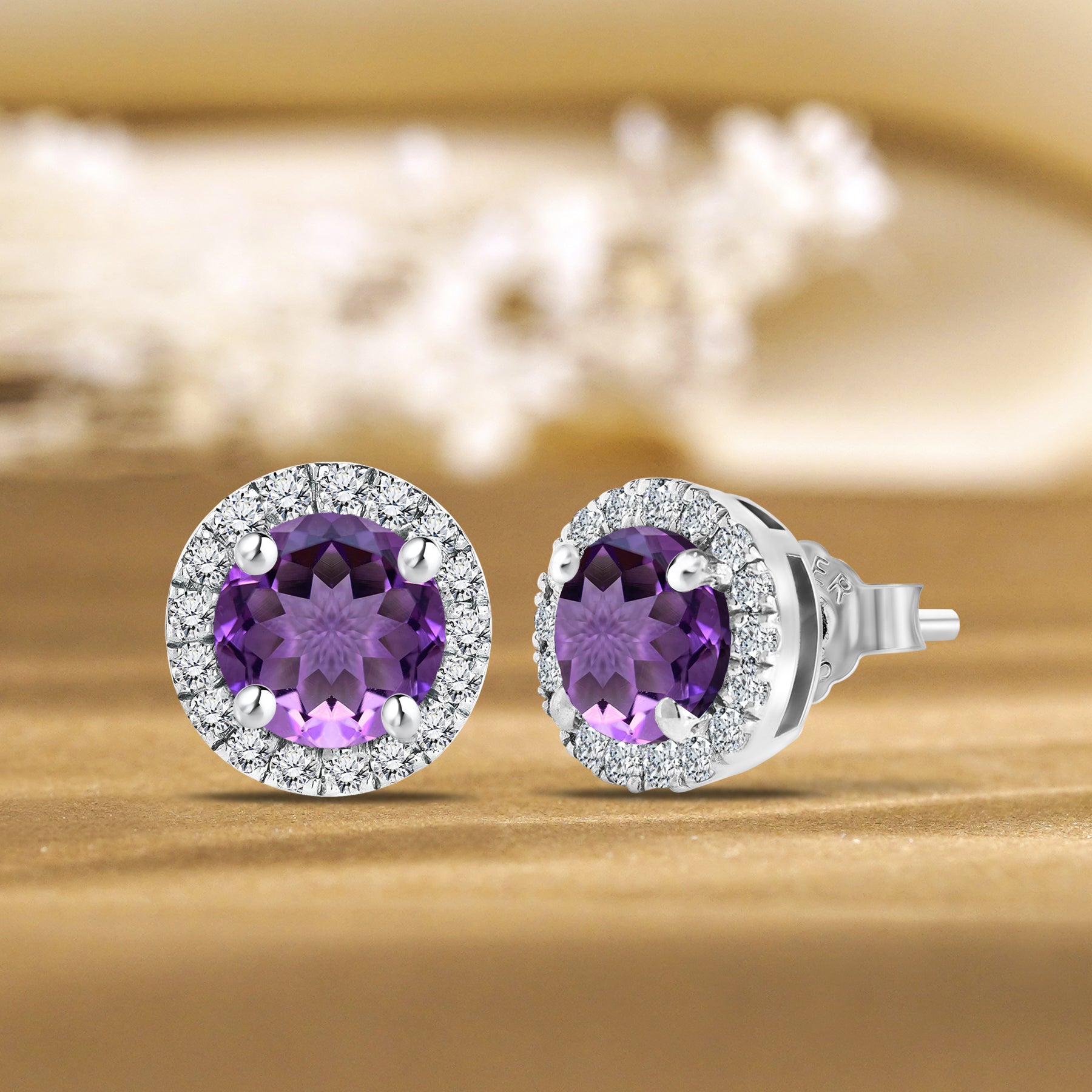 JeenMata 3 Carat - February Amethyst Birthstone Halo Stud Earrings - Round Cut in 18K White Gold Plating for Women