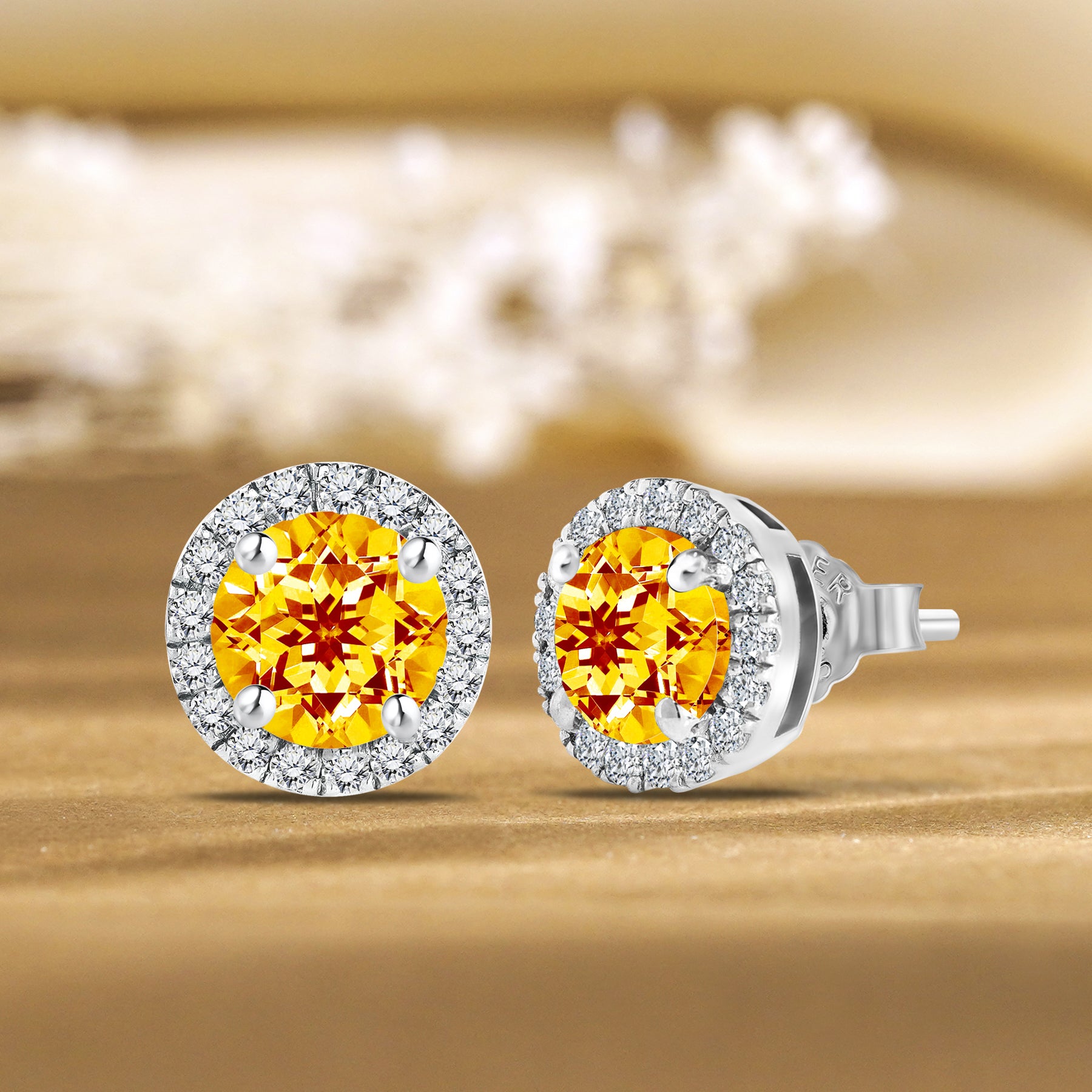 JeenMata 3 Carat - November Citrine Birthstone Halo Stud Earrings - Round Cut in 18K White Gold Plating for Women