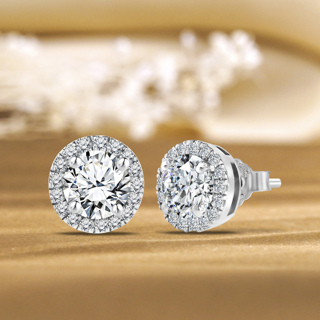 JeenMata 3 Carat - April Cubic Zirconia Birthstone Halo Stud Earrings - Round Cut in 18K White Gold Plating for Women