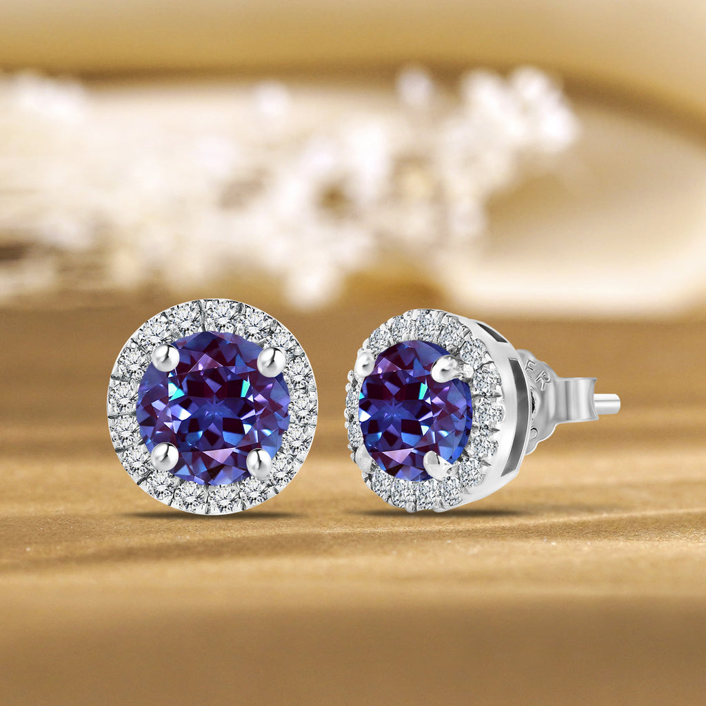 JeenMata 3 Carat - June Alexandrite Birthstone Halo Stud Earrings - Round Cut in 18K White Gold Plating for Women