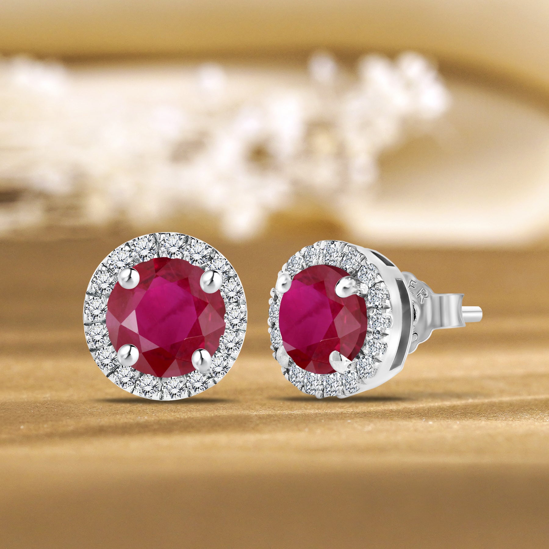 JeenMata 3 Carat - July Ruby Birthstone Halo Stud Earrings - Round Cut in 18K White Gold Plating for Women