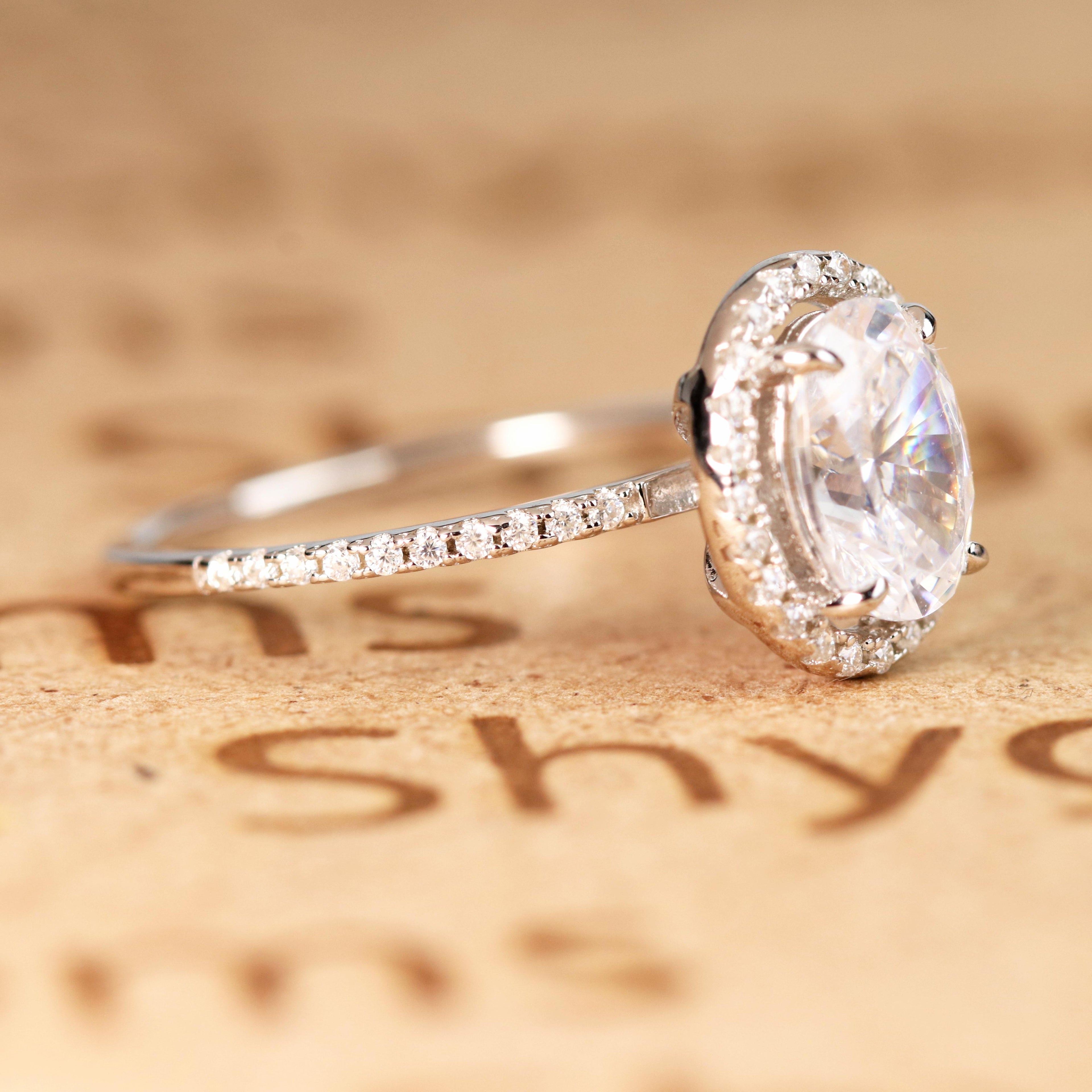 1.50 Carat Oval Cut Moissanite Engagement Ring - Bridal Set - Halo Ring - Handmade Ring - 18k White Gold Over Silver