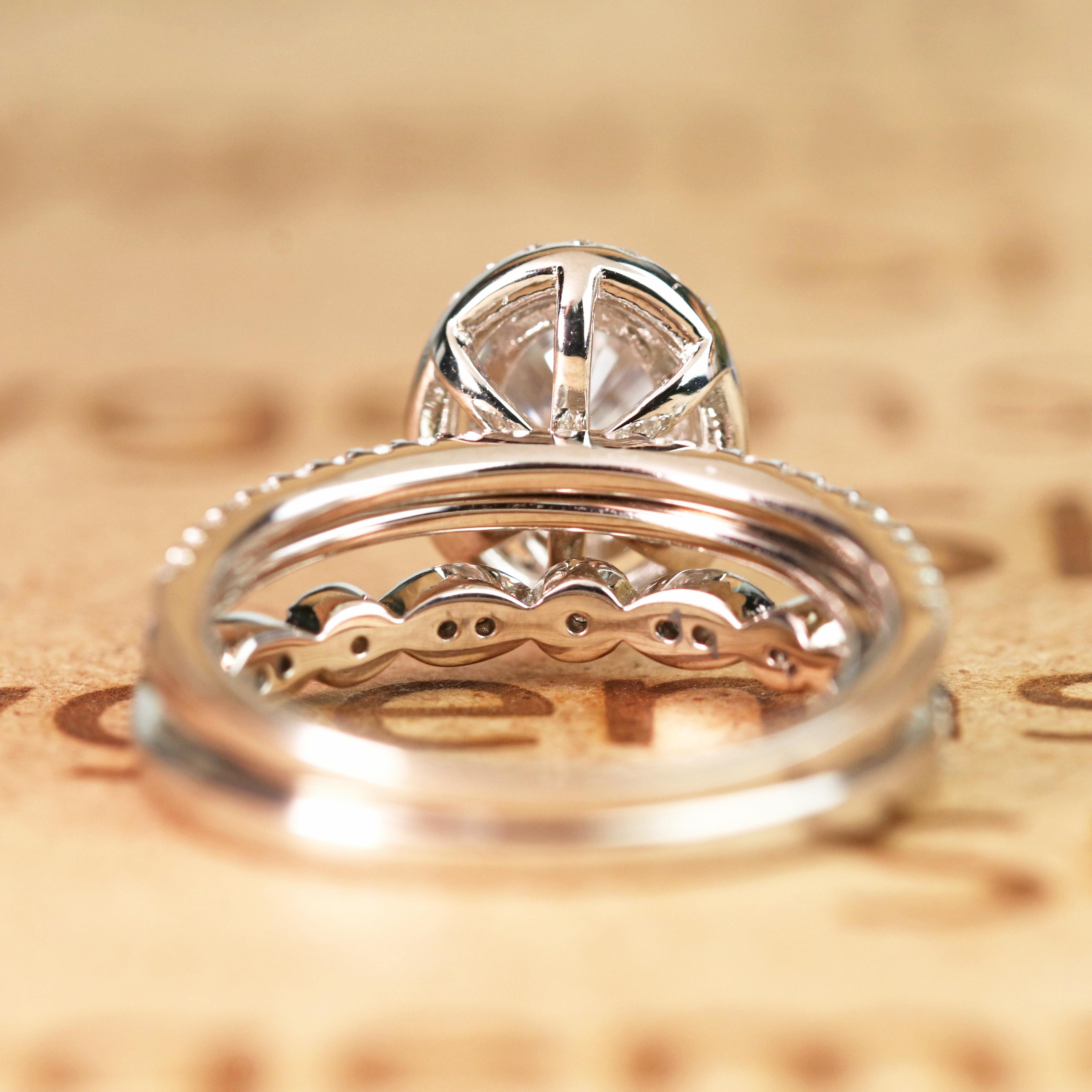 Art Deco 2 Carat Oval cut Real Moissanite Wedding Trio Ring Set with Engagement Ring and 2 Wedding Bands in 18k Gold Over Silver