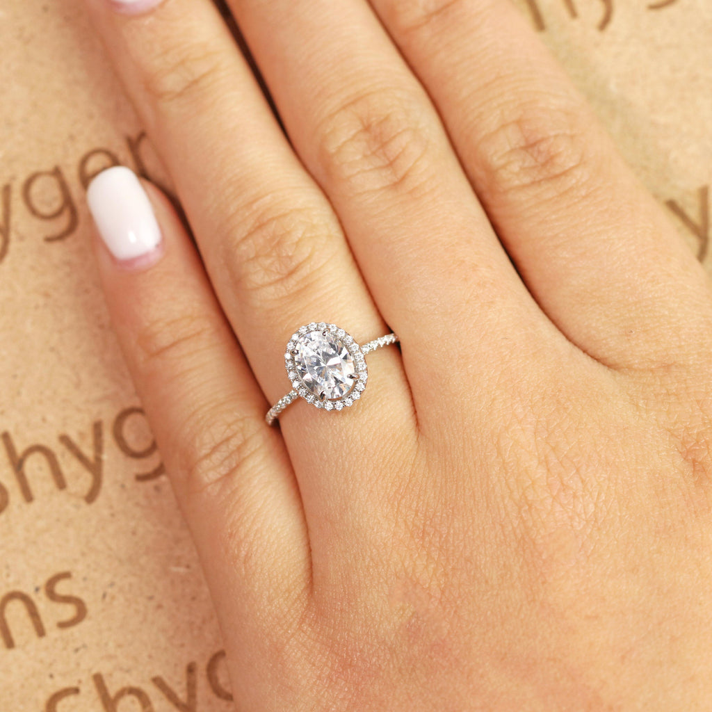 1.50 Carat Oval Cut Moissanite Engagement Ring - Bridal Set - Halo Ring - Handmade Ring - 18k White Gold Over Silver