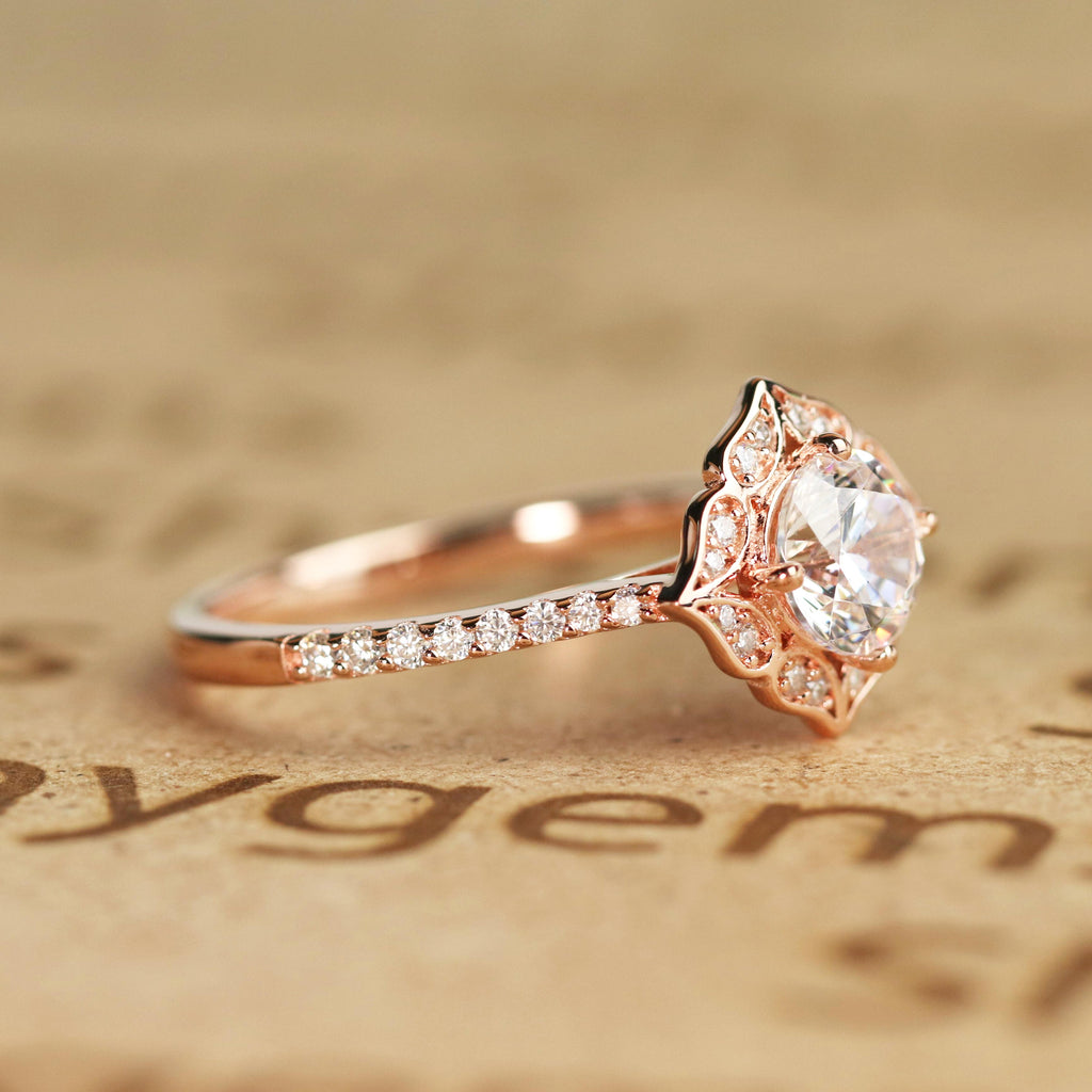 1.25 Carat Cushion Cut Moissanite Floral Engagement Ring