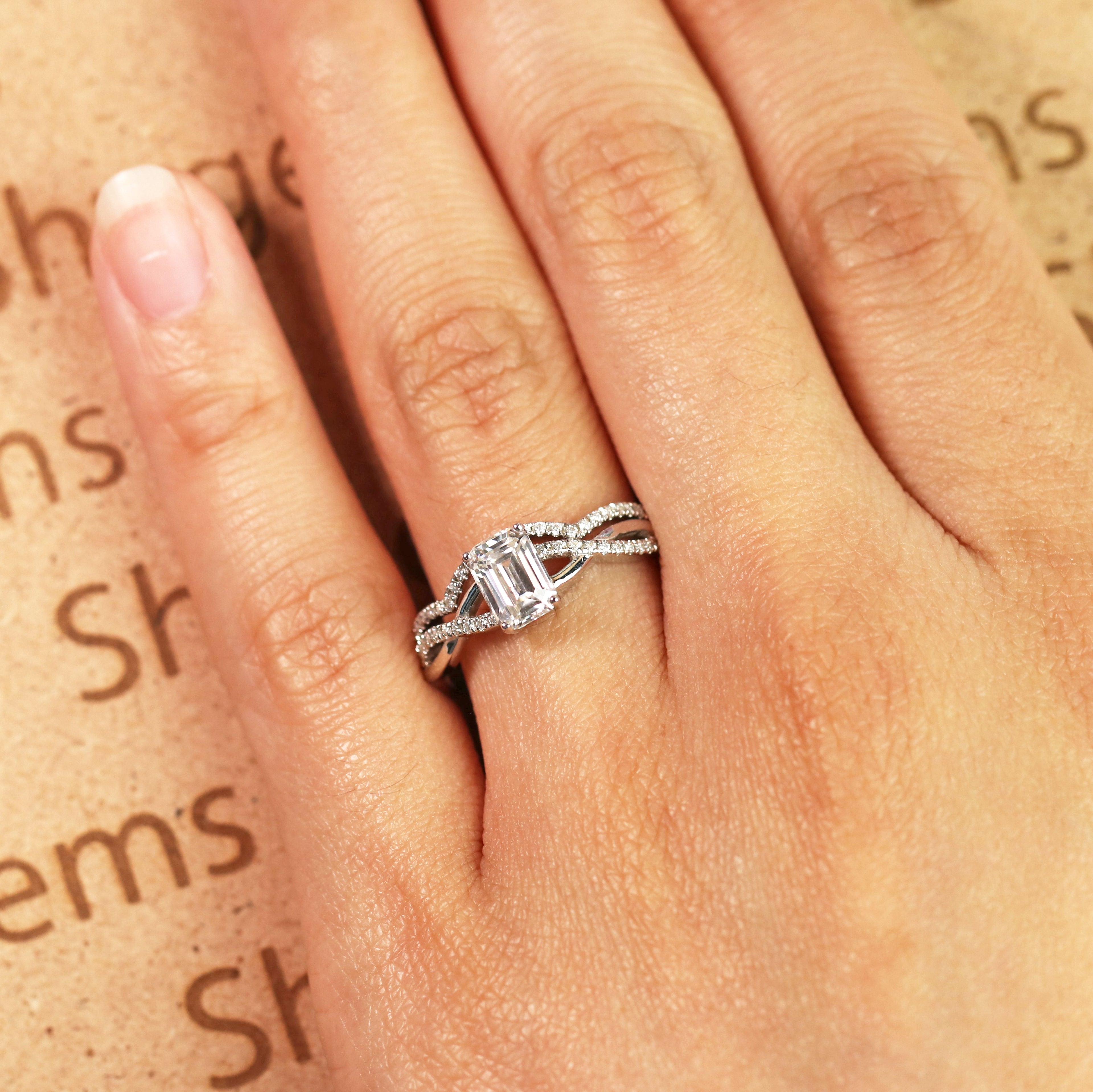 Three Stone 1.50 Carat Emerald Cut Moissanite Bridal Set