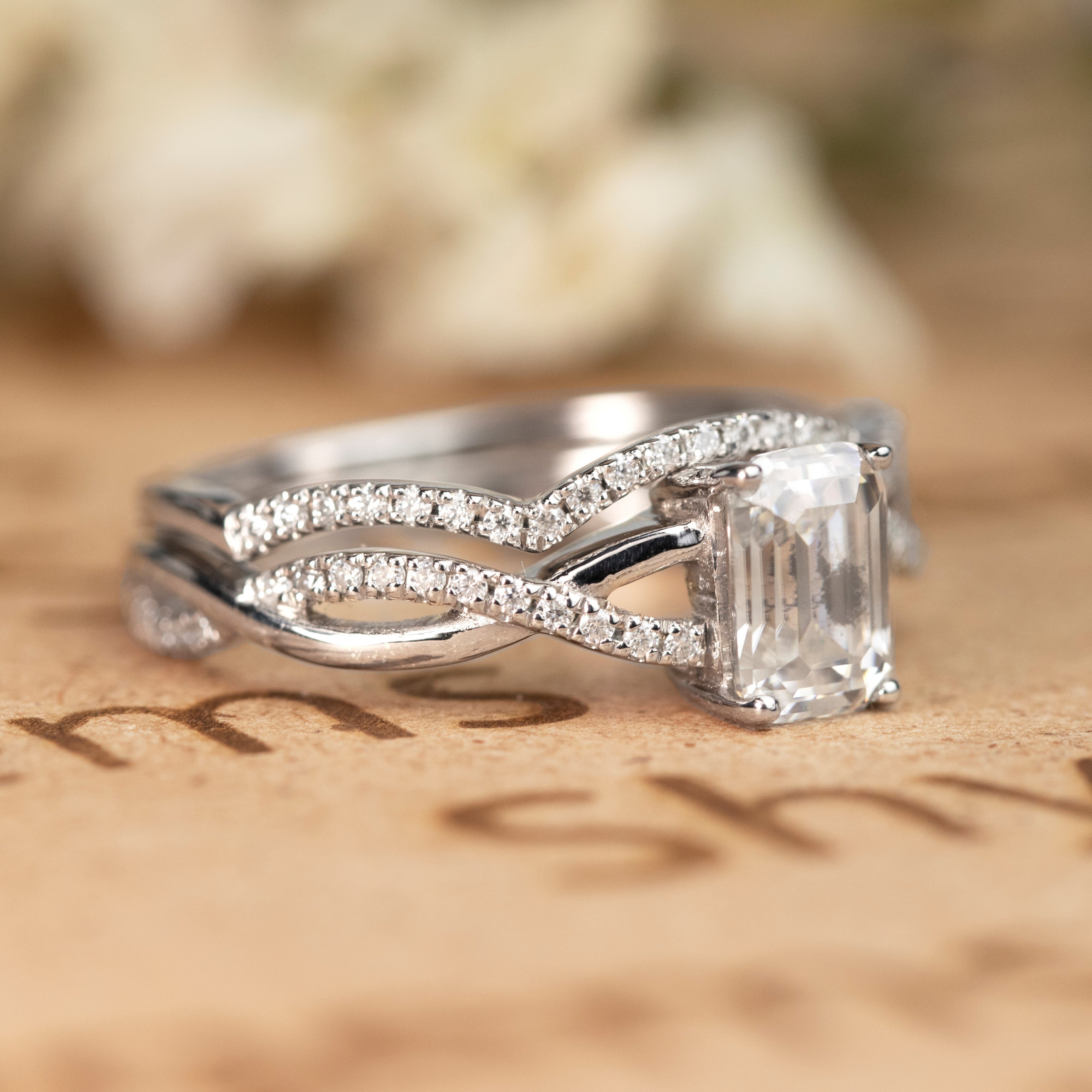 Three Stone 1.50 Carat Emerald Cut Moissanite Bridal Set