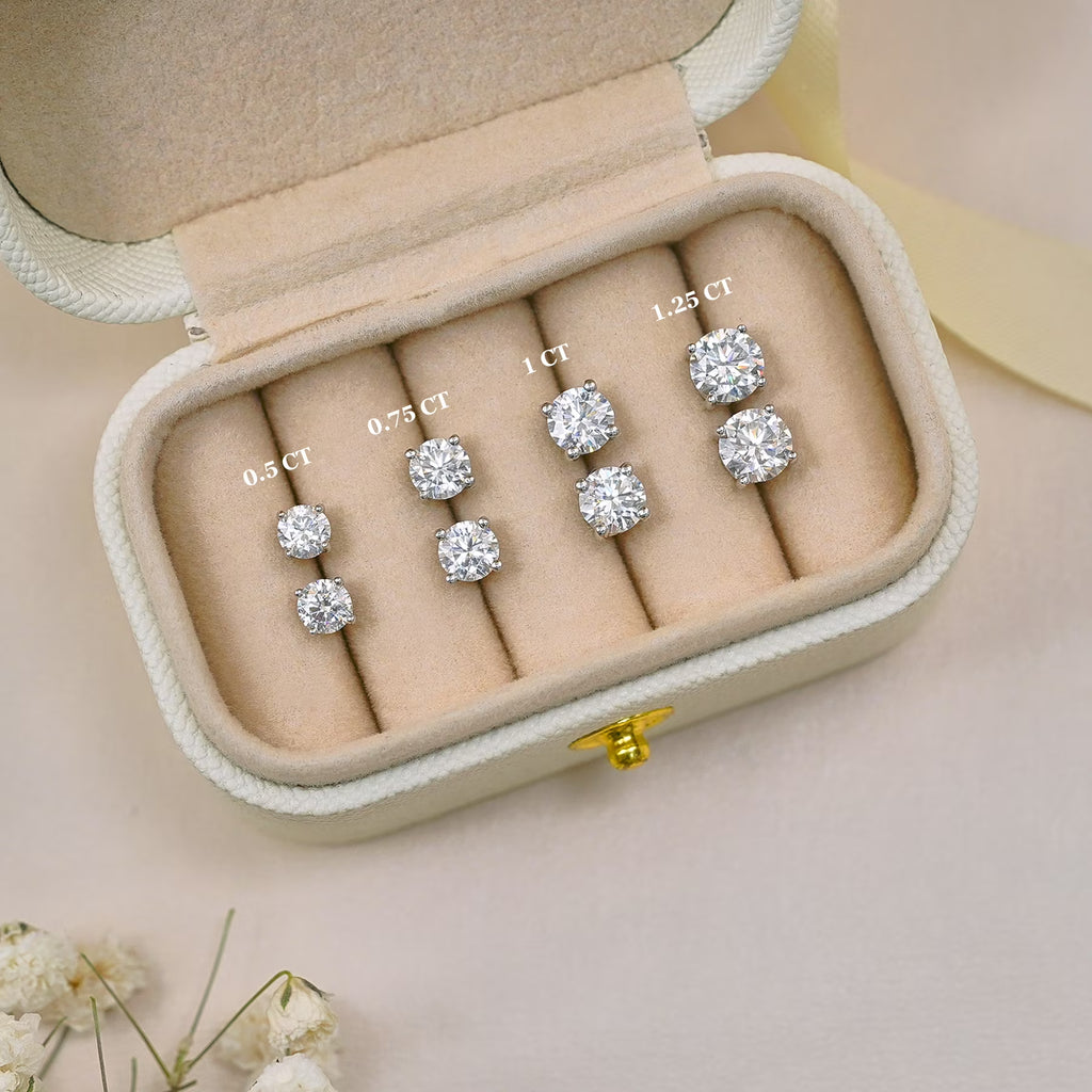 JeenMata Lab Grown Diamond Earrings 1 Carat Round Cut 18K White Gold Plated Solitaire Studs for Women