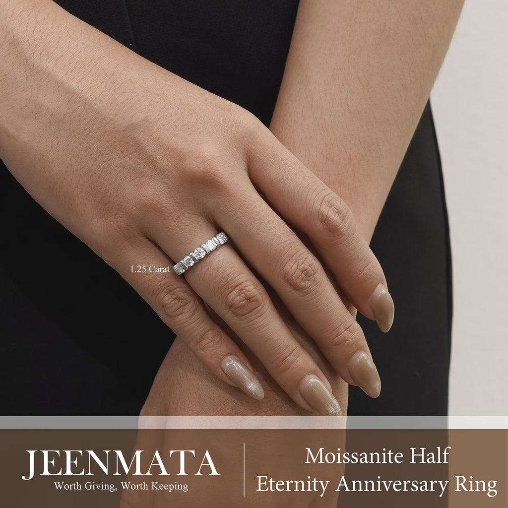 JeenMata 1.25 Carat Moissanite Half Eternity Anniversary Ring - Stackable Wedding Band Rings for Women in 18K White Gold Plating, Wedding Gift for Her