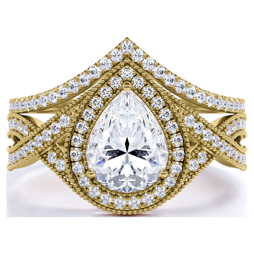 JeenMata 1.5 Carat Pear Cut Moissanite Wedding Set - Bridal Set - Art Deco Ring - Halo Ring - Cluster Ring - 18k Yellow Gold Plated for Women