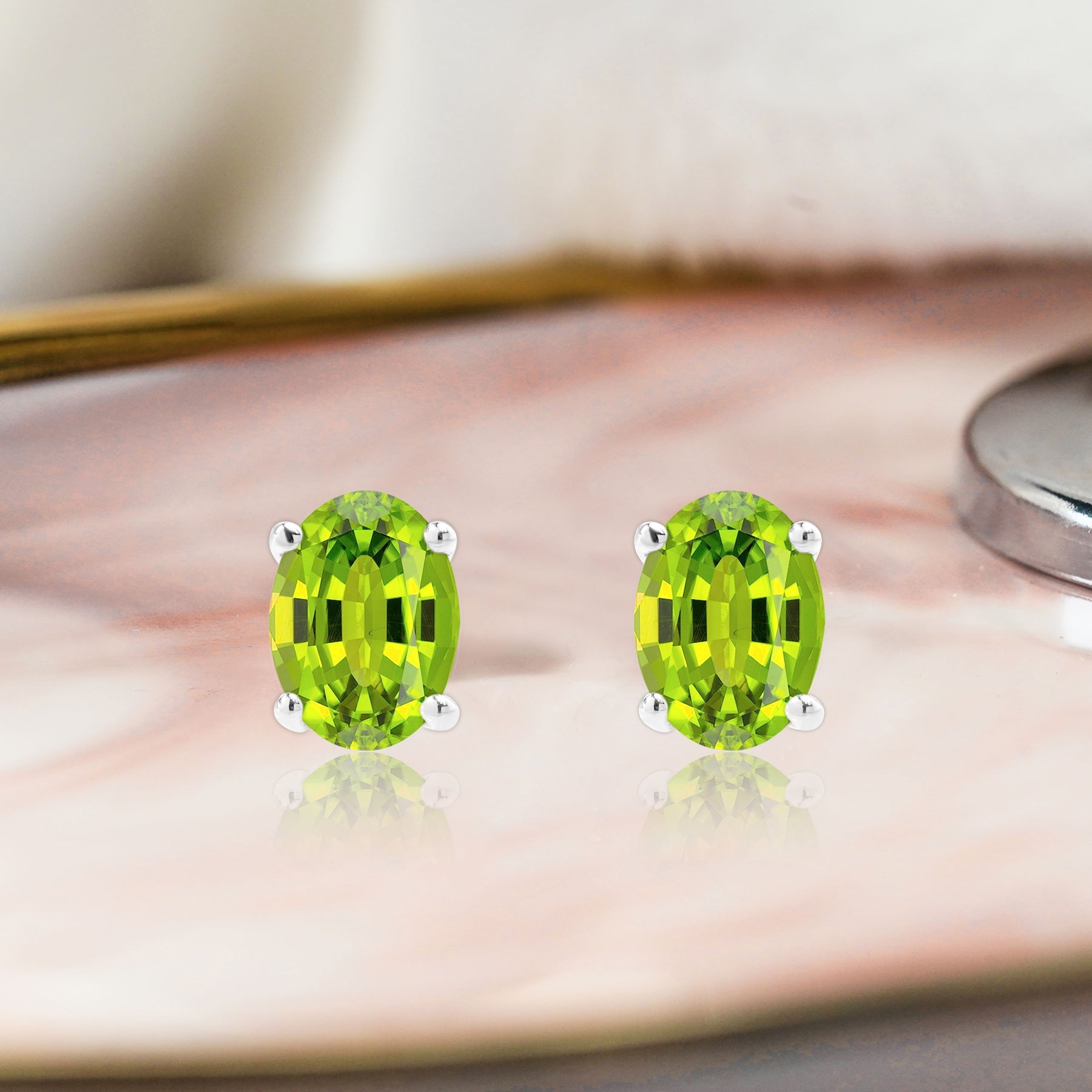 2.5 Carat Oval Cut - SWAROVSKI Peridot - August Birthstone Solitaire Stud Earrings - 4 Prong - In 18K White Gold Plating Over Silver