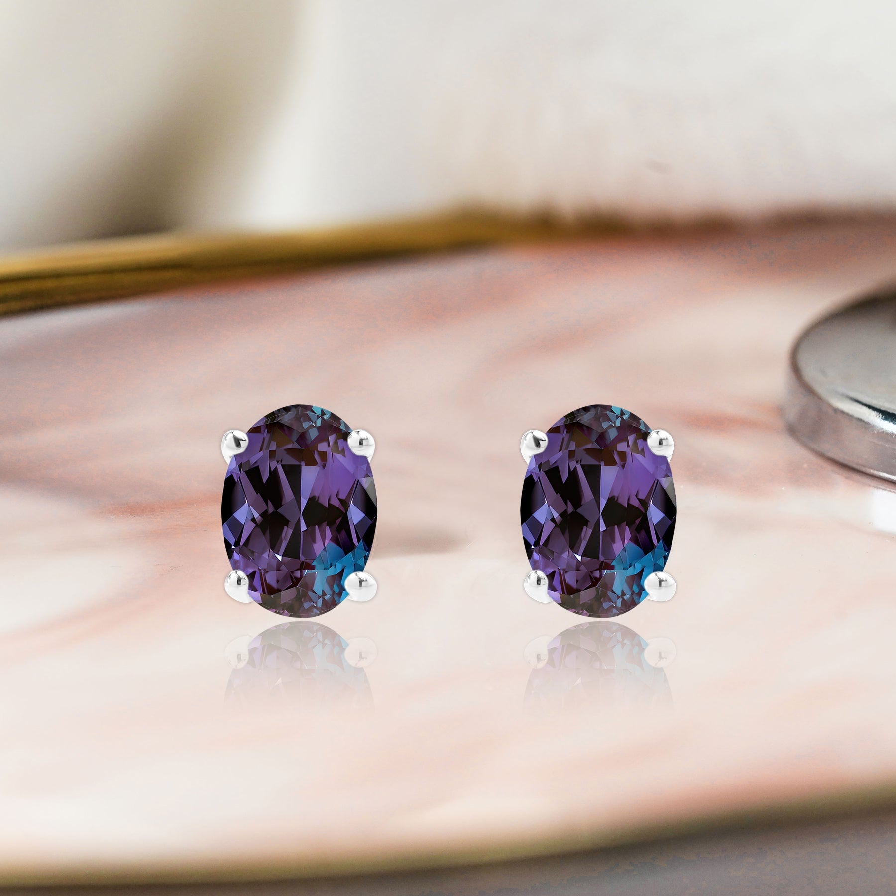 2.5 Carat Oval Cut - SWAROVSKI Alexandrite - June Birthstone Solitaire Stud Earrings - 4 Prong - In 18K White Gold Plating Over Silver