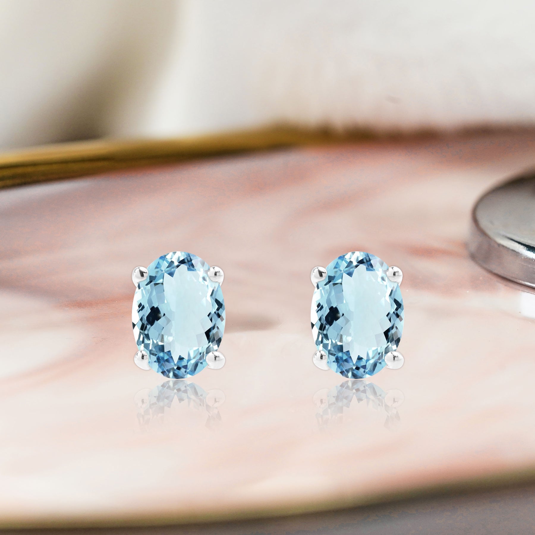 2.5 Carat Oval Cut - SWAROVSKI Aquamarine - March Birthstone Solitaire Stud Earrings - 4 Prong - In 18K White Gold Plating Over Silver