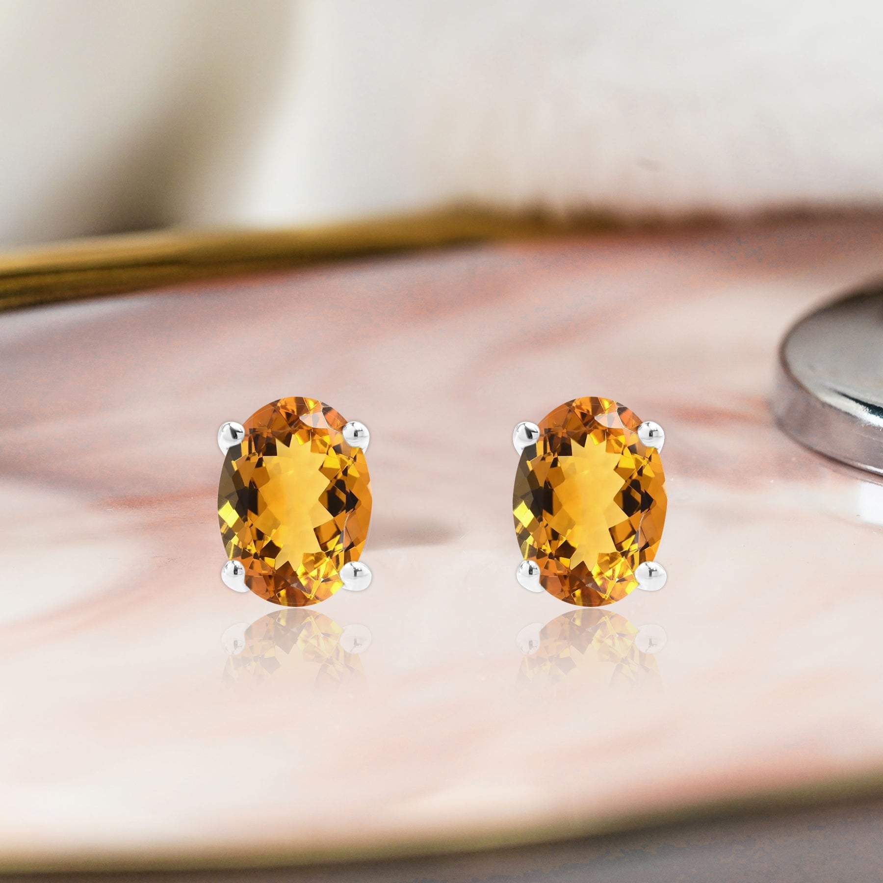 2.5 Carat Oval Cut - SWAROVSKI Citrine - November Birthstone Solitaire Stud Earrings - 4 Prong - In 18K White Gold Plating Over Silver
