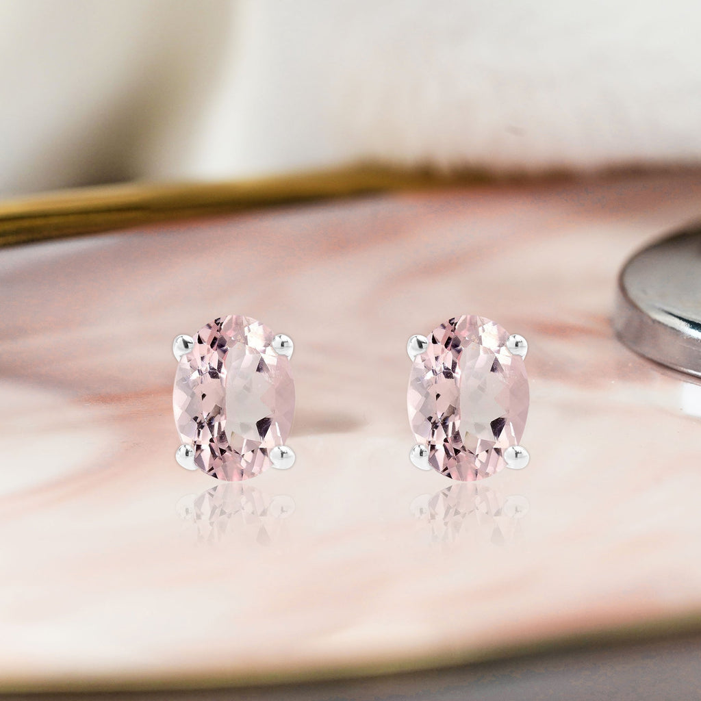 2.5 Carat Oval Cut - SWAROVSKI Pink Tourmaline - October Birthstone Solitaire Stud Earrings - 4 Prong - In 18K White Gold Plating Over Silver