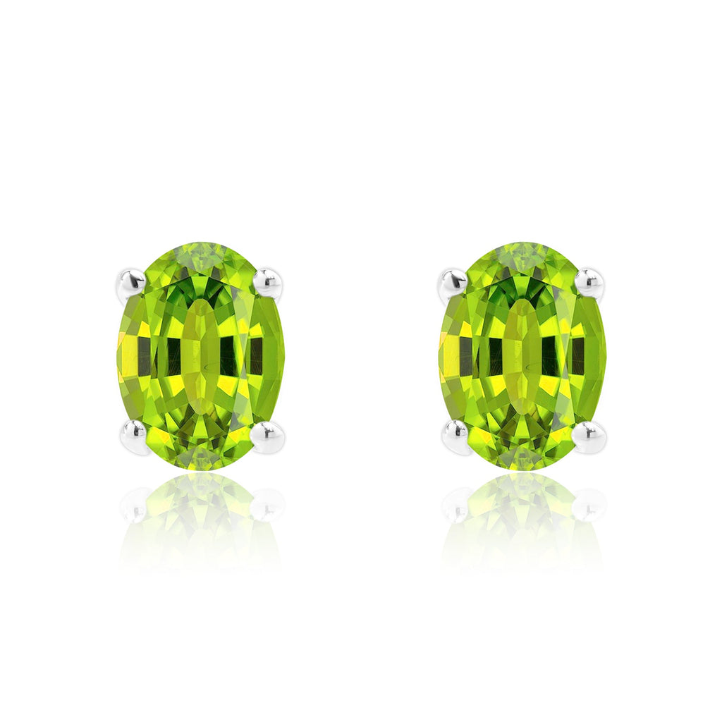 2.5 Carat Oval Cut - SWAROVSKI Peridot - August Birthstone Solitaire Stud Earrings - 4 Prong - In 18K White Gold Plating Over Silver