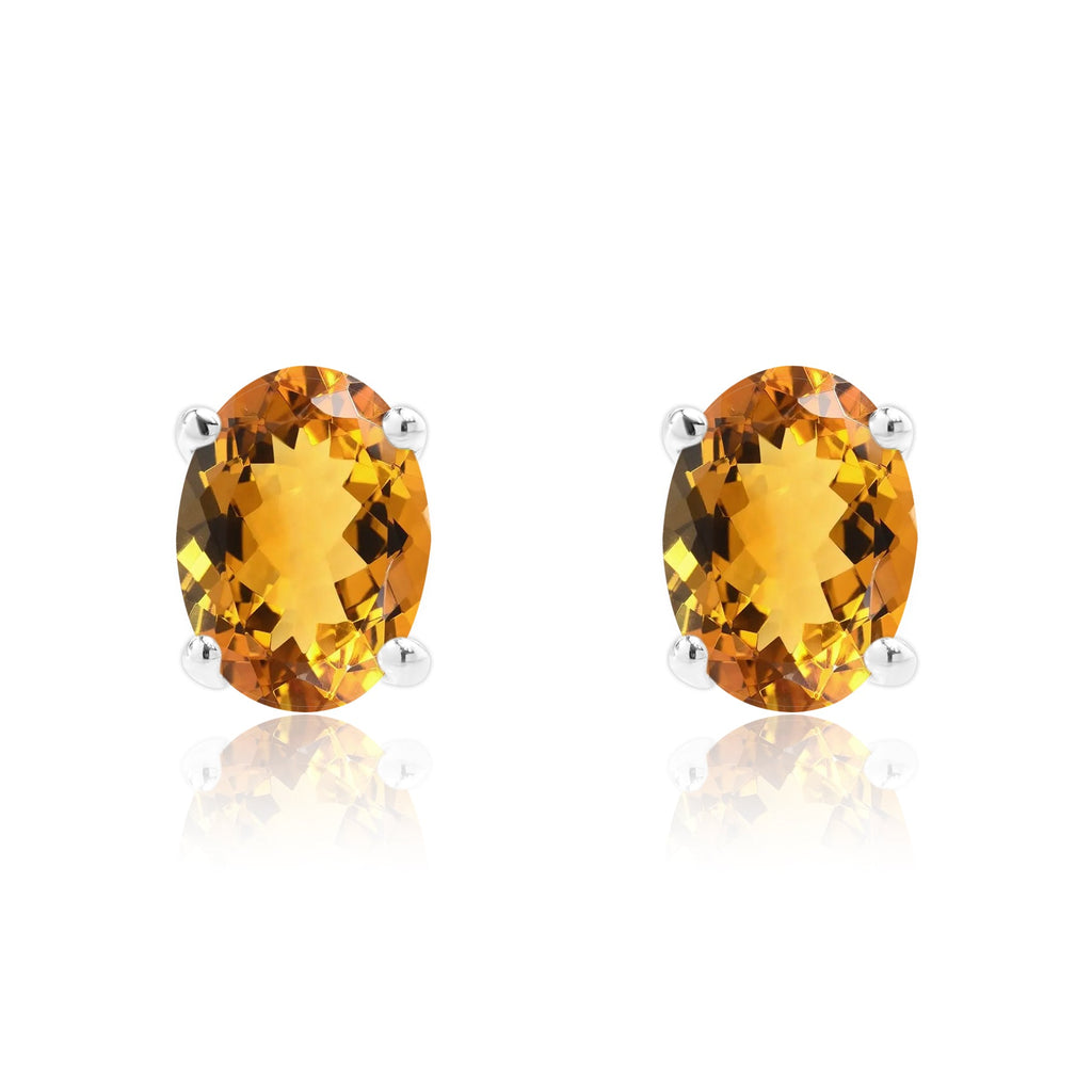 2.5 Carat Oval Cut - SWAROVSKI Citrine - November Birthstone Solitaire Stud Earrings - 4 Prong - In 18K White Gold Plating Over Silver