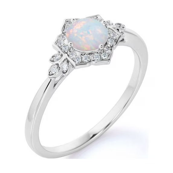 JeenMata 1.75 ct Round Cut Opal and Moissanite Nature Inspired Promise Ring in 18k White Gold over Silver
