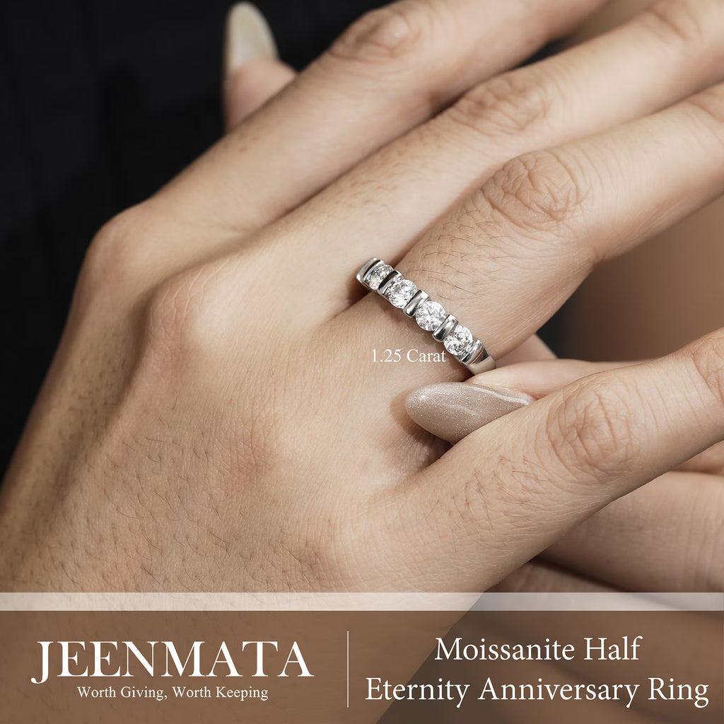 JeenMata 1.25 Carat Moissanite Half Eternity Anniversary Ring - Stackable Wedding Band Rings for Women in 18K White Gold Plating, Wedding Gift for Her