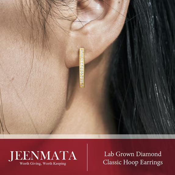 JeenMata Lab Grown Diamond Hoop Earrings - Round Cut Classic Earrings in Yellow Gold Plating for Women
