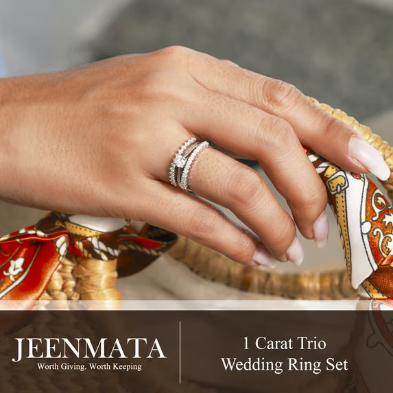 JeenMata 1 Carat Lab Grown Diamond Round Cut Trio Wedding Set - Solitaire Engagement Rings Set with Double Band in 18K White Gold Plating for Women's Ring Jewelry