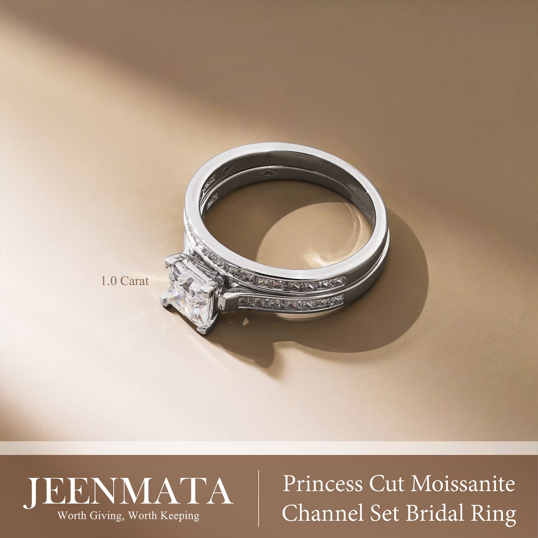 JeenMata 1 Carat Princess Cut Moissanite Wedding Set - Bridal Set - Engagement Ring - Channel Set Ring - Cluster Ring - 18k White Gold Plated for Women