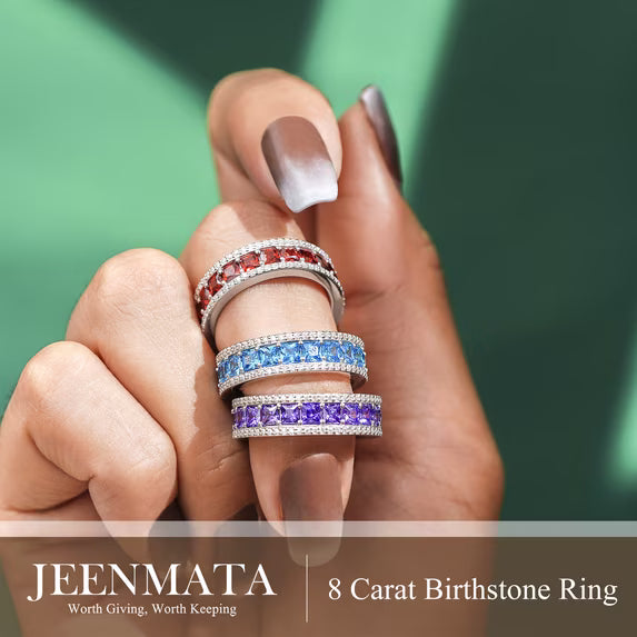 JeenMata 8 Carat Princess Cut - January Birthstone Eternity Ring in 18K White Gold Plating for Women - Stackable Wedding Anniversary Promise Band with Garnet Cubic Zirconia