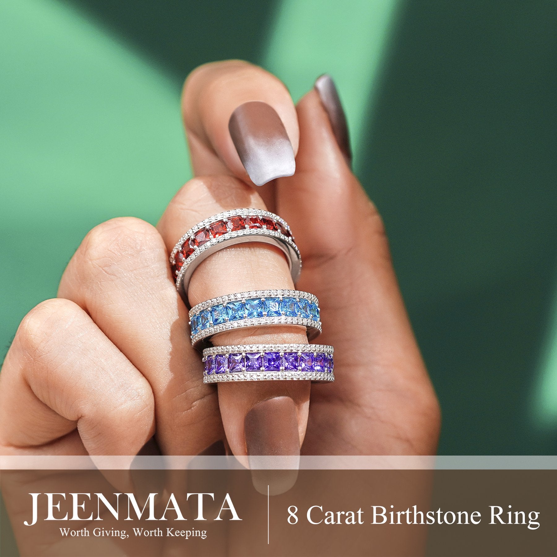 JeenMata 8 Carat Princess Cut - March Birthstone Eternity Ring in 18K White Gold Plating for Women - Stackable Wedding Anniversary Promise Band with Aquamarine Cubic Zirconia