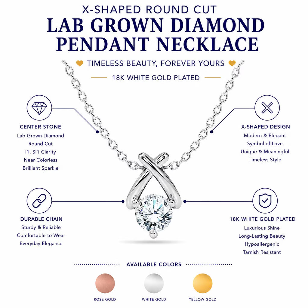 JeenMata X-Shaped Round Cut Lab Grown Diamond Pendant Necklace in 18K Rose Gold Plating for Women