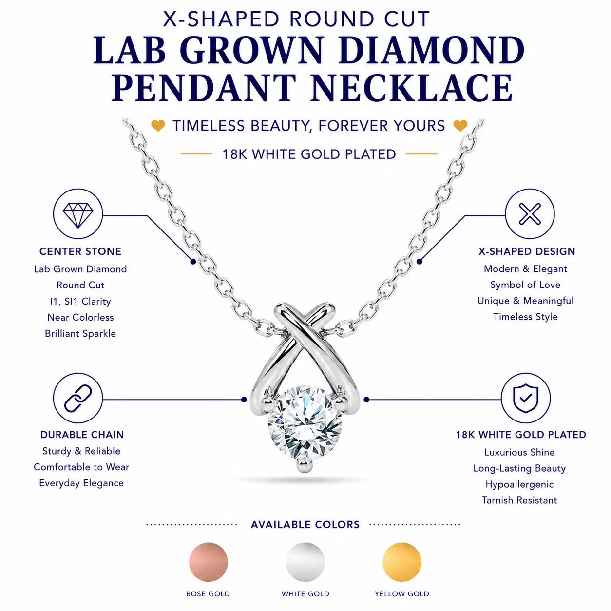 JeenMata X-Shaped Round Cut Lab Grown Diamond Pendant Necklace in 18K Yellow Gold Plating for Women