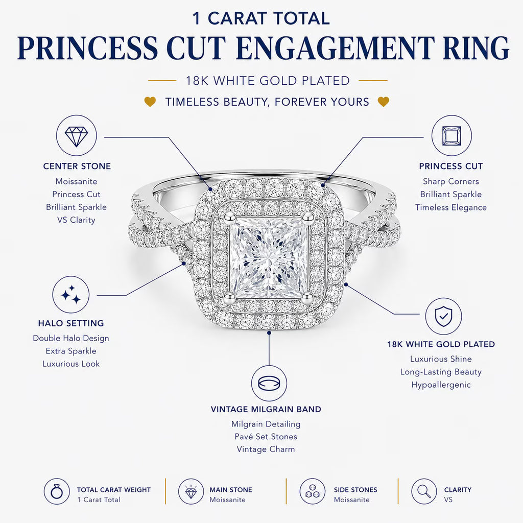 JeenMata 1 Carat Princess Cut Moissanite Engagement Ring - Bridal Set - Double Halo Ring - Cluster Ring - 18k Yellow Gold Plated for Women