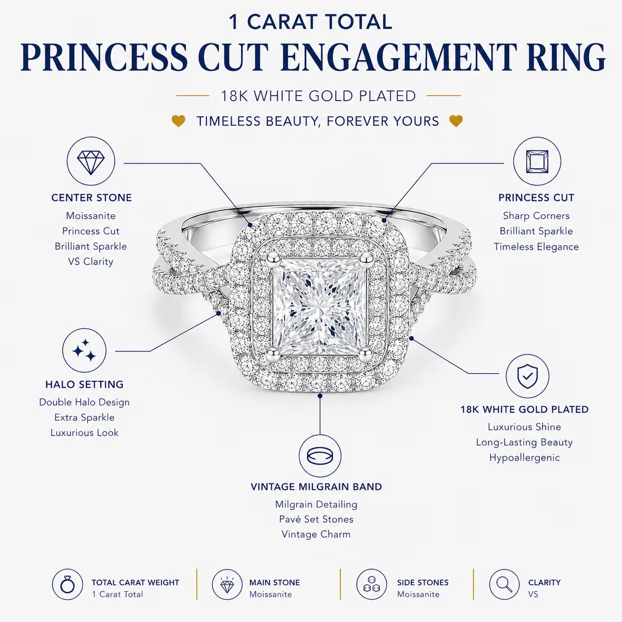 JeenMata 1 Carat Princess Cut Moissanite Engagement Ring - Bridal Set - Double Halo Ring - Cluster Ring - 18k Yellow Gold Plated for Women