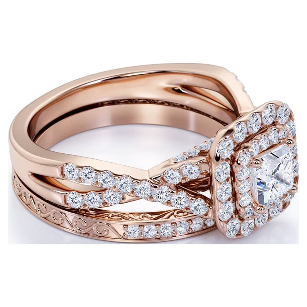 JeenMata 1.75 Carat Princess Cut Moissanite Engagement Ring - Bridal Ring - Double Halo Ring - Cluster Ring - 18k Rose Gold Over Silver