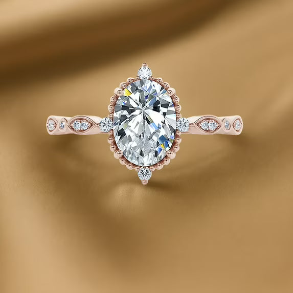 JeenMata 1.5 Carat Moissanite Oval Shape - Vintage Filigree Bezel 5-Stone Milgrain Decorative Engagement Ring In 18K Rose Gold Plating for Women